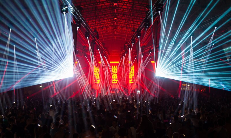 Crowd at Music Festival — Red, Energetic, Night, Photograph, Laser Lights, Stage