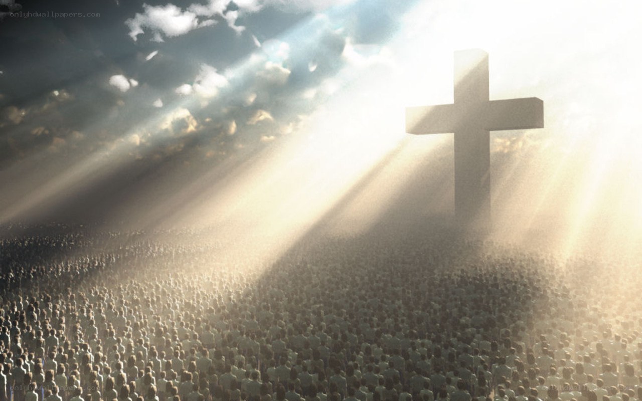 Crowd before a radiant cross