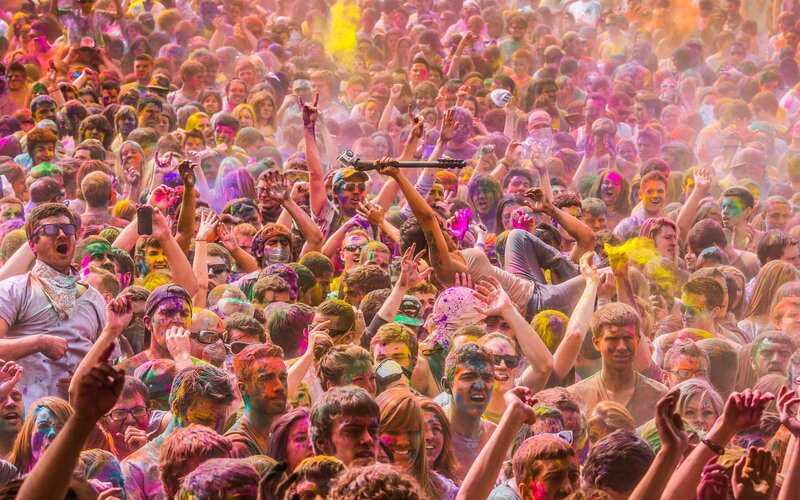 Crowd Celebrating Holi Festival — Pink