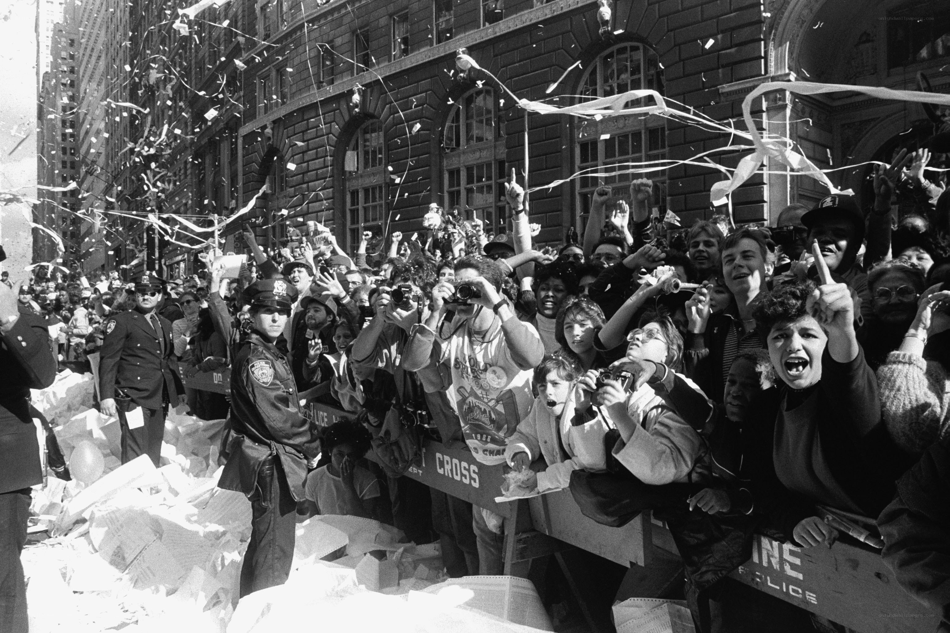Crowd celebrating in city street