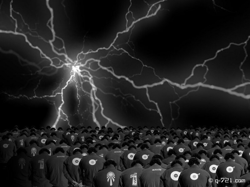 Crowd facing lightning storm
