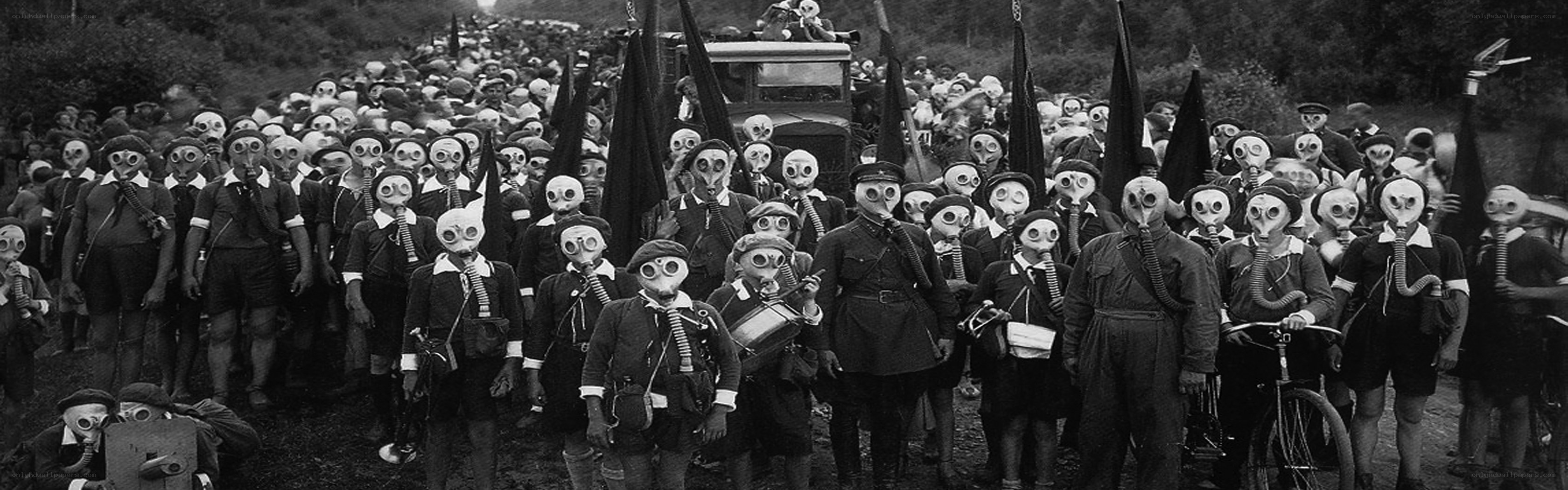 Crowd in gas masks