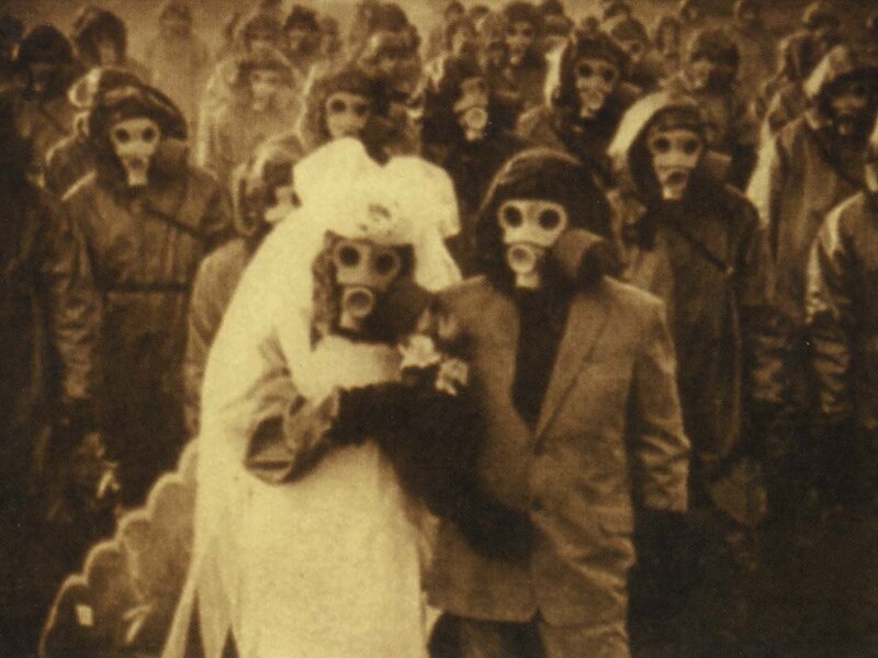 Crowd in gas masks