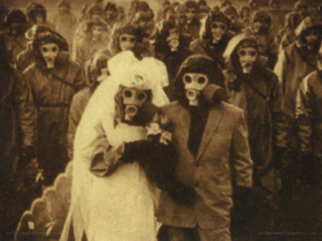Crowd in gas masks