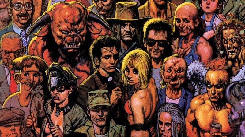 Crowd of characters in a comic illustration