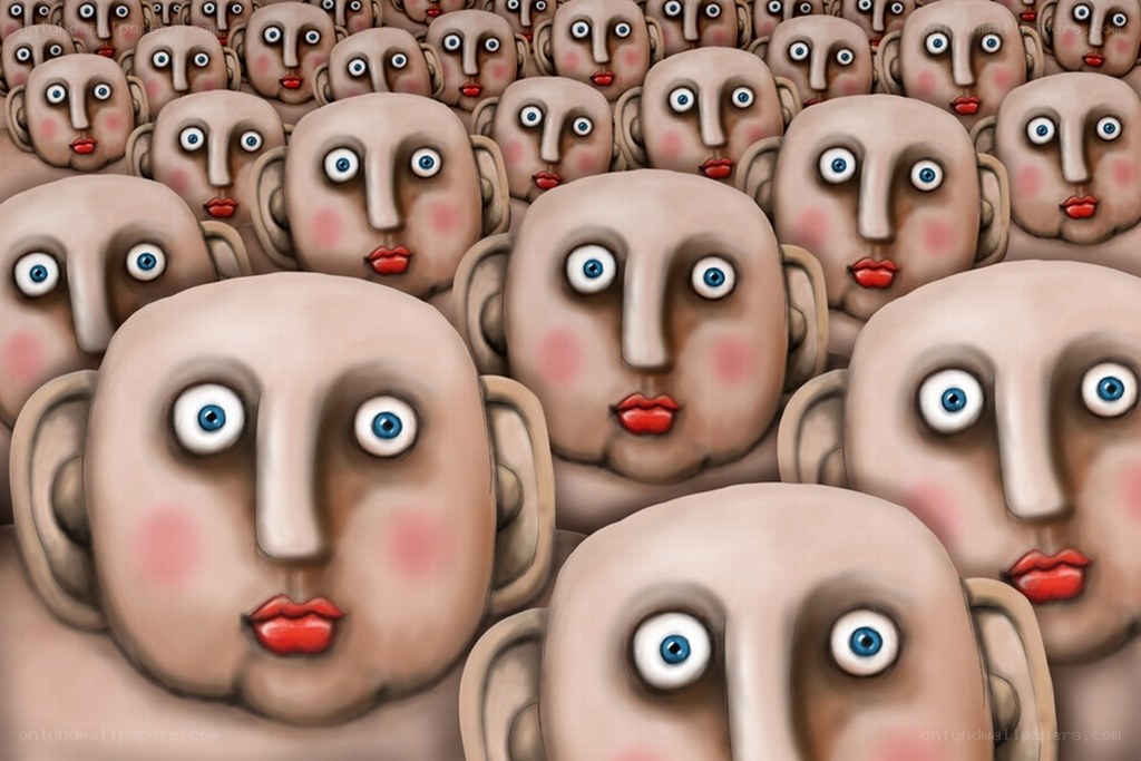 crowd of identical faces
