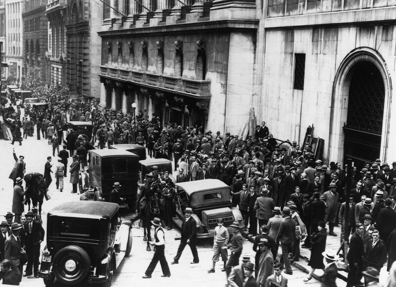 Crowd outside financial building
