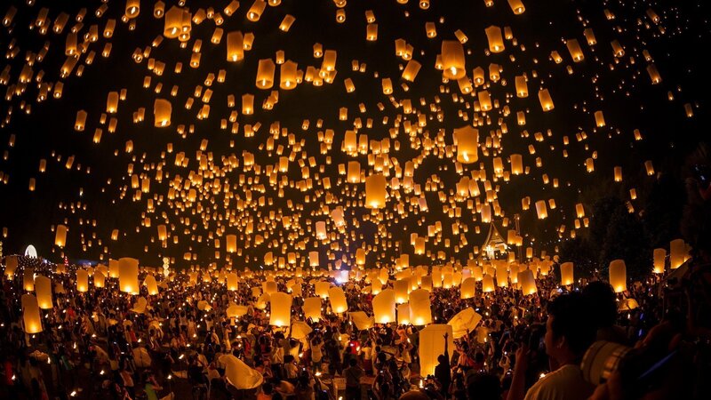 Crowd Releasing Sky Lanterns — Black