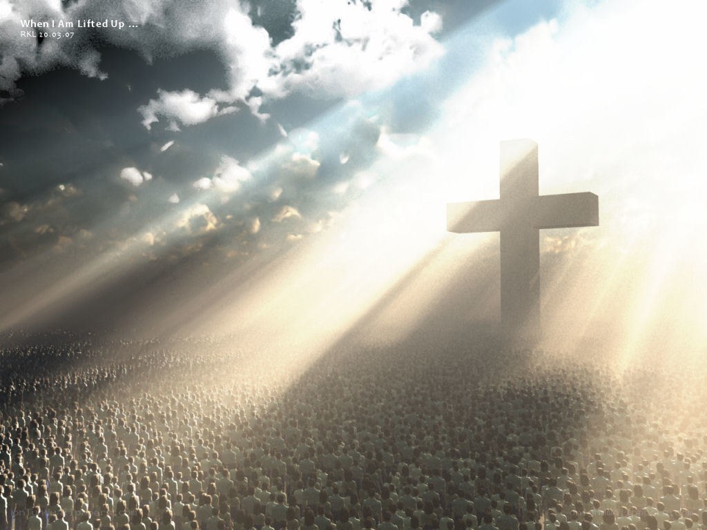 Crowd under a radiant cross