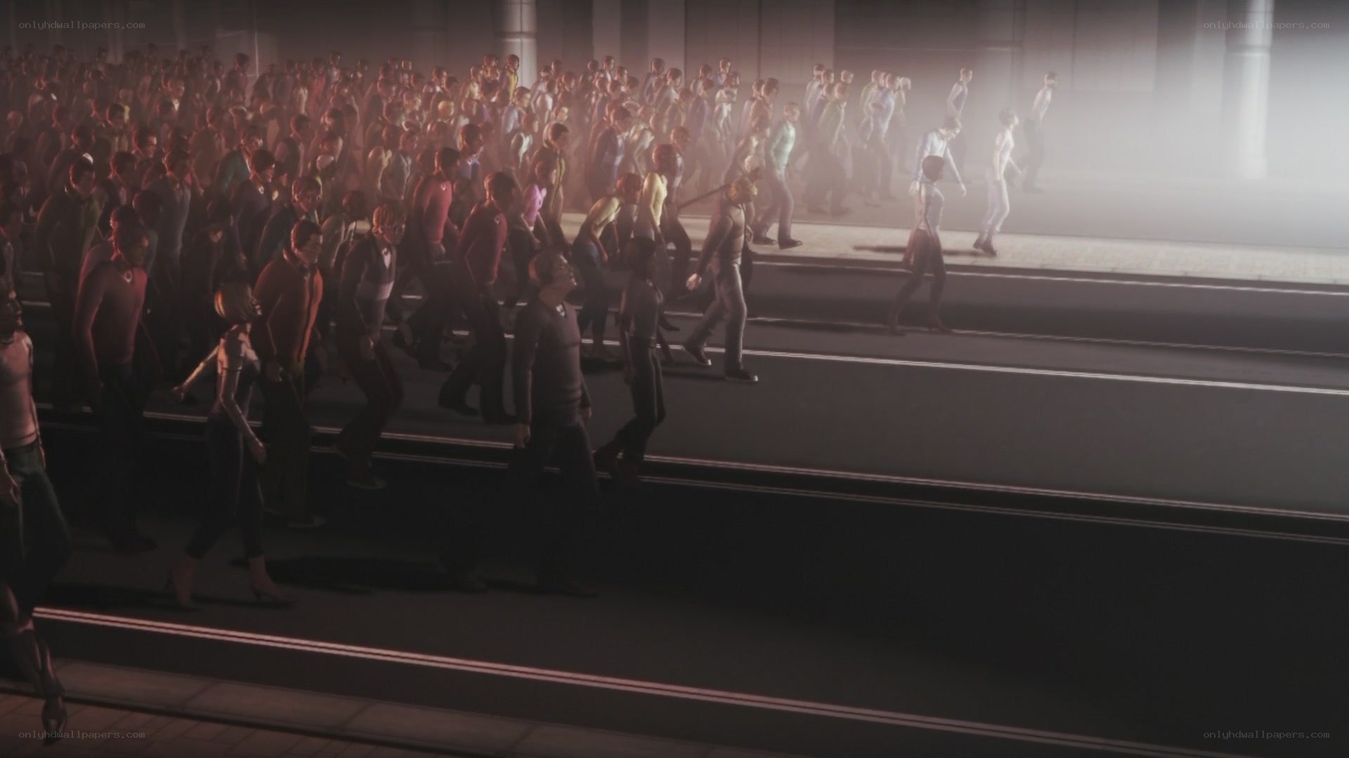 Crowd walking in a dimly lit area