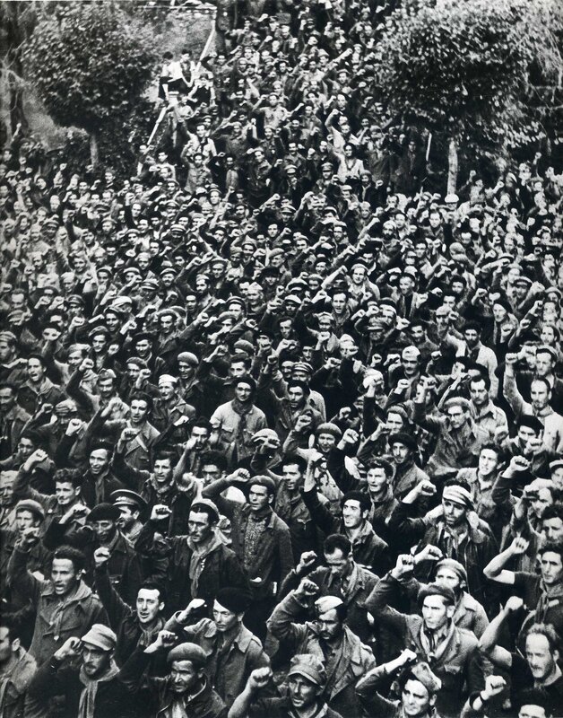 Crowd with raised fists