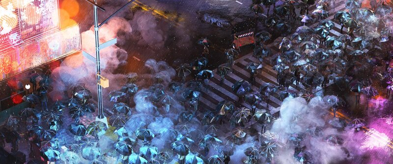 Crowd with Umbrellas — Blue