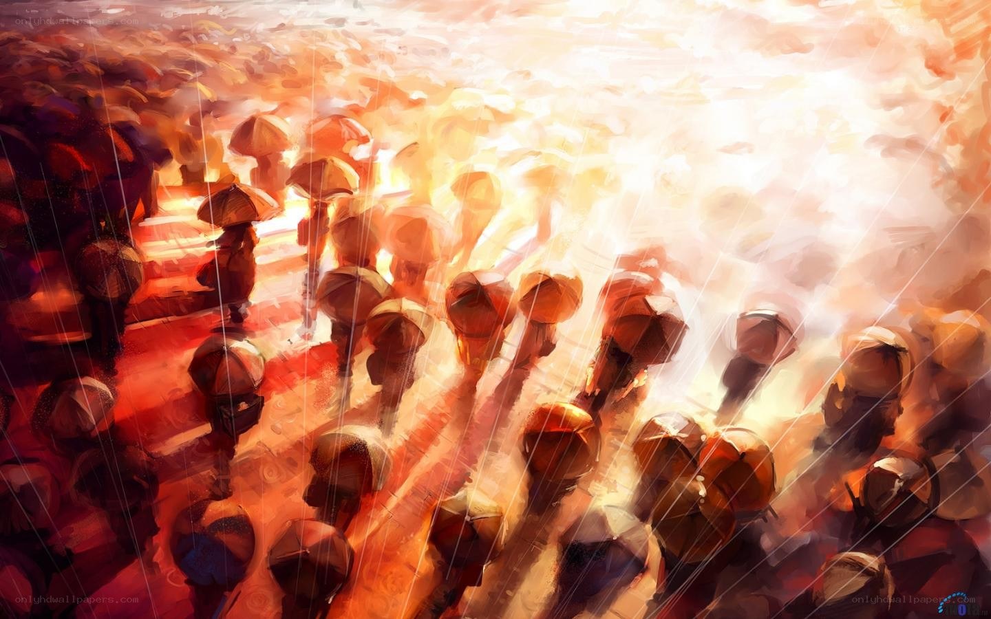 Crowd with umbrellas in rain