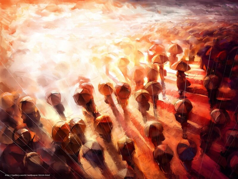 Crowd with umbrellas in sunset