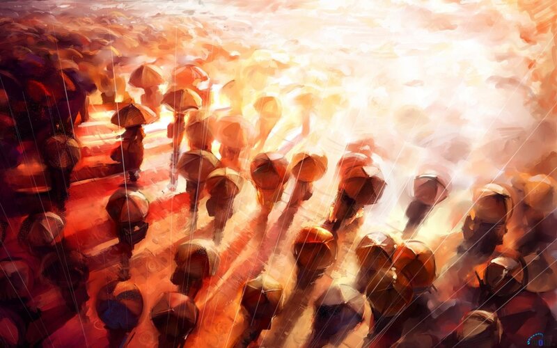 Crowd with Umbrellas — Orange, Dramatic