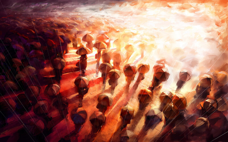 Crowd with Umbrellas — Orange