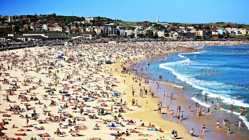 Crowded Beach Scene — Blue, Lively, Afternoon, Photograph, Ocean