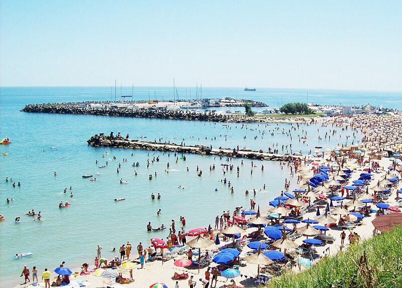 Crowded Beach Scene — Blue, Lively