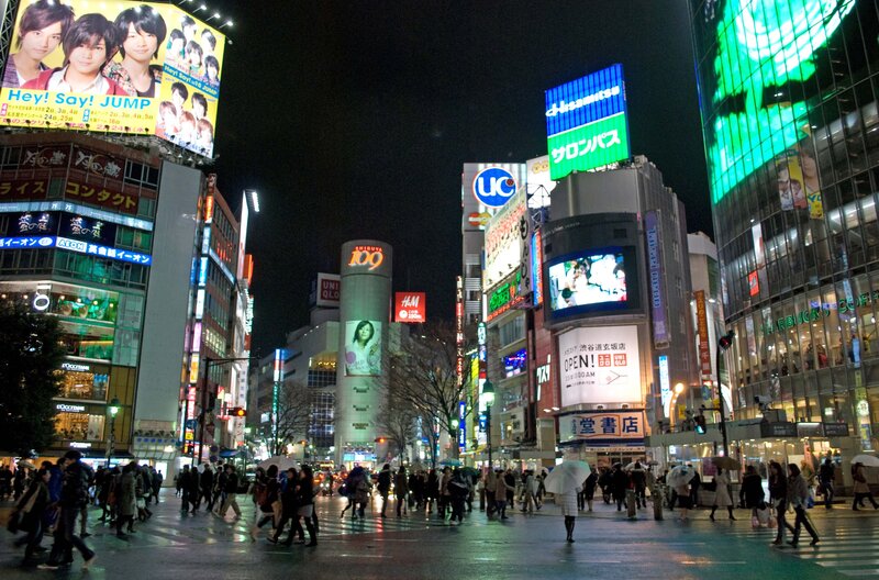 Crowded City Intersection — Black, Busy, Night, Photograph, Billboards, Pedestrians