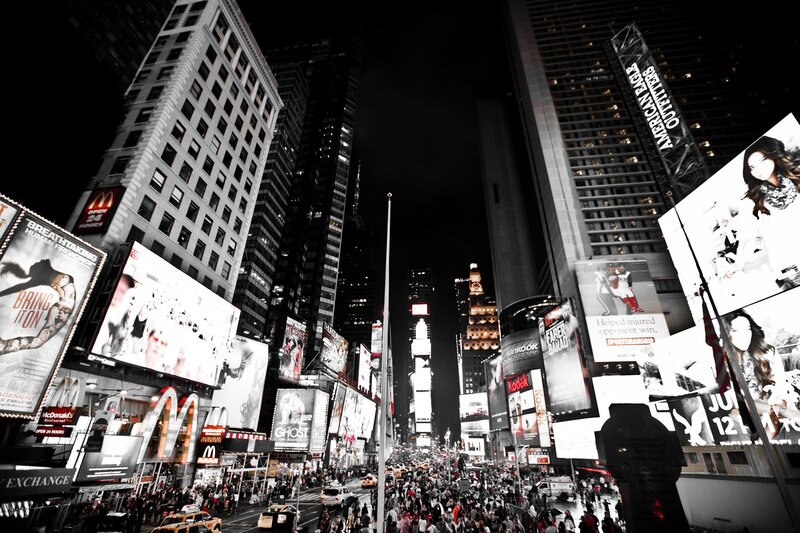 Crowded City Street at Night — Black, Dramatic