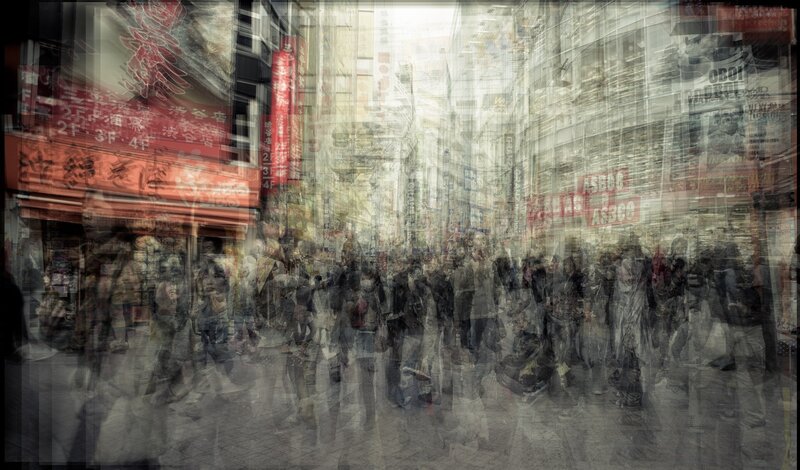 Crowded City Street — Gray, Busy, Afternoon, Photograph