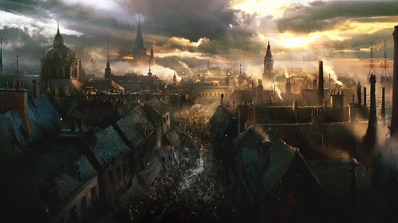 Crowded City Street — Gray, Dramatic, Sunset