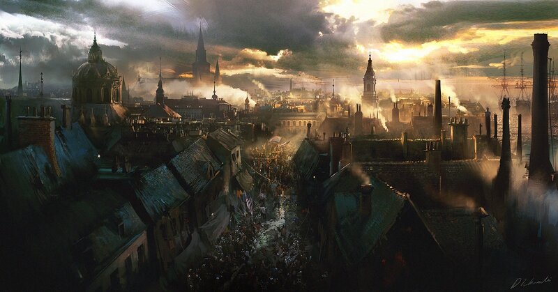 Crowded City Street — Gray, Dramatic