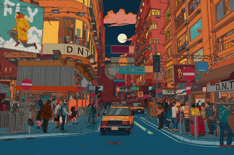 Crowded City Street — Orange