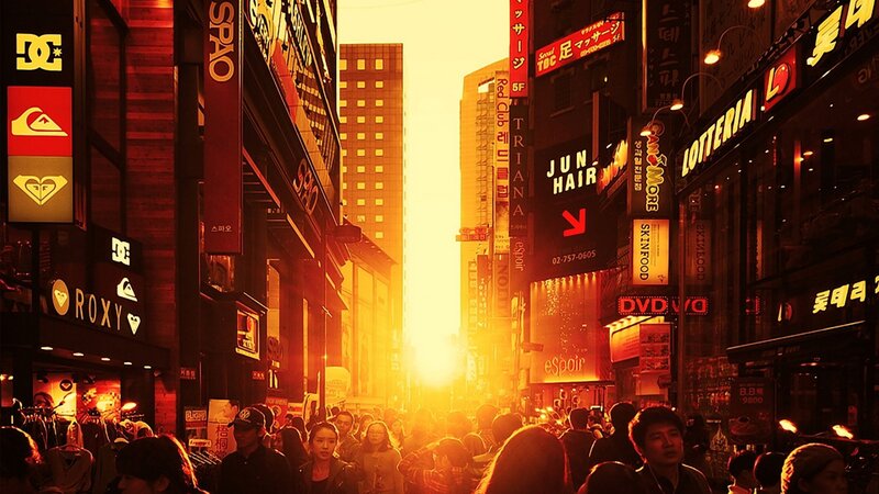 Crowded City Street — Yellow, Dramatic, Sunset