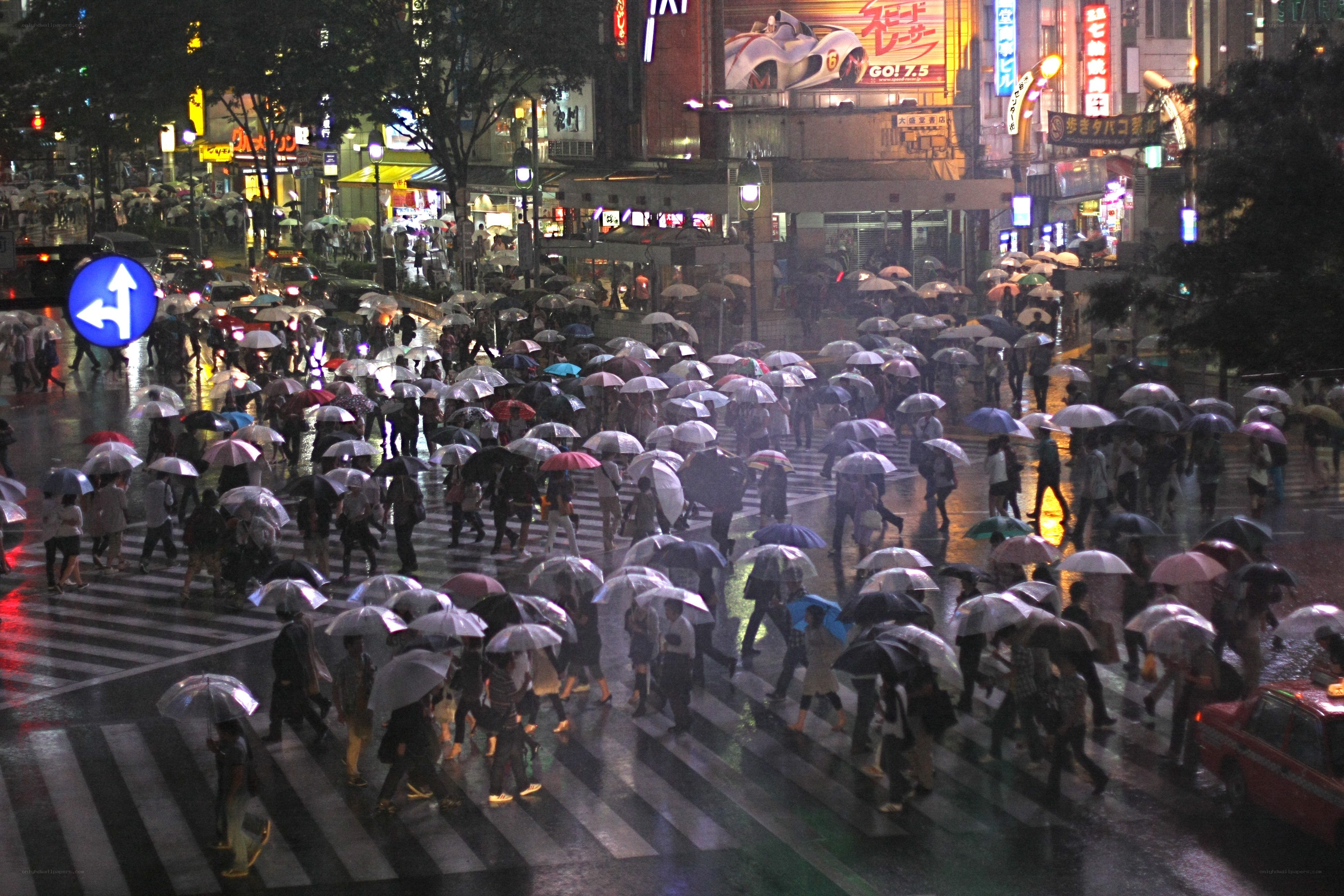 Crowded crosswalk in rain at night