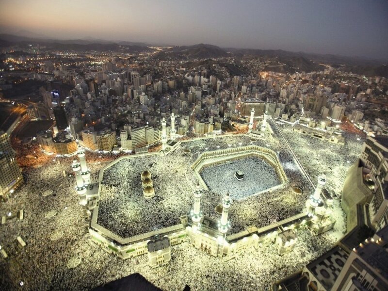 Crowded Grand Mosque at night