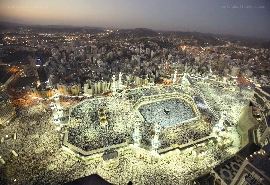 Crowded Grand Mosque at night