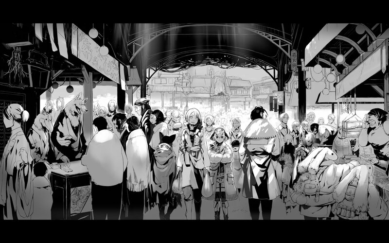 Crowded Market Scene — Black, Busy