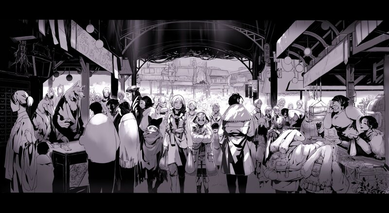 Crowded Market Scene — Black