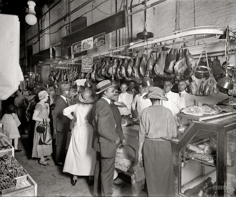 Crowded meat market scene