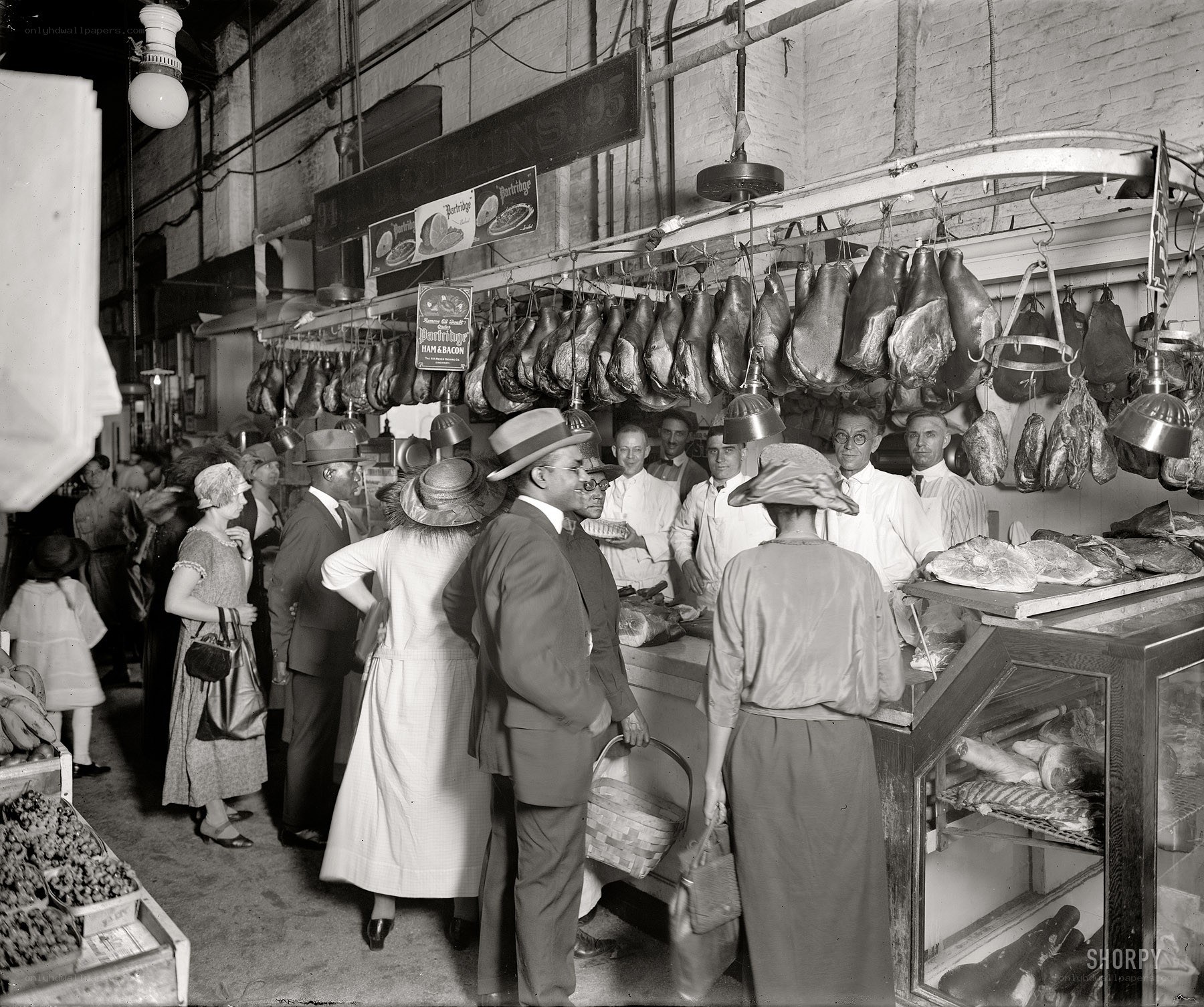 Crowded meat market scene