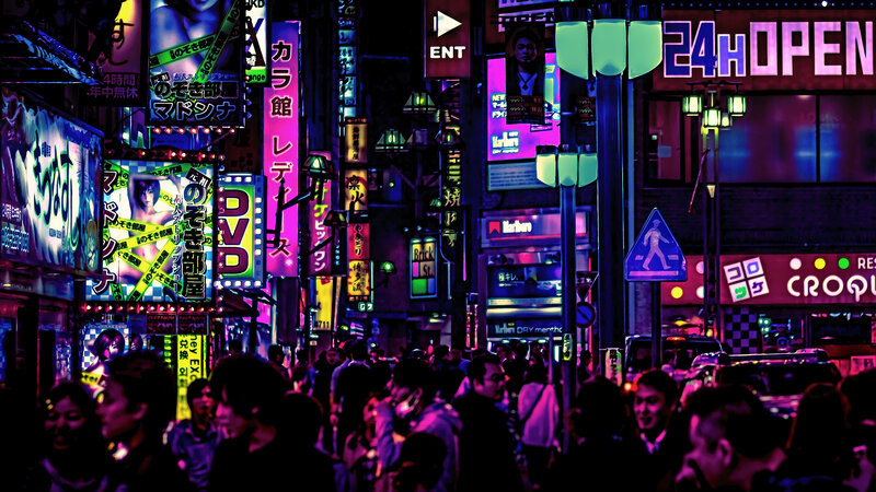 Crowded Neon-lit Street