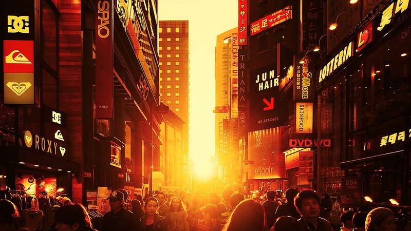 Crowded Street at Sunset