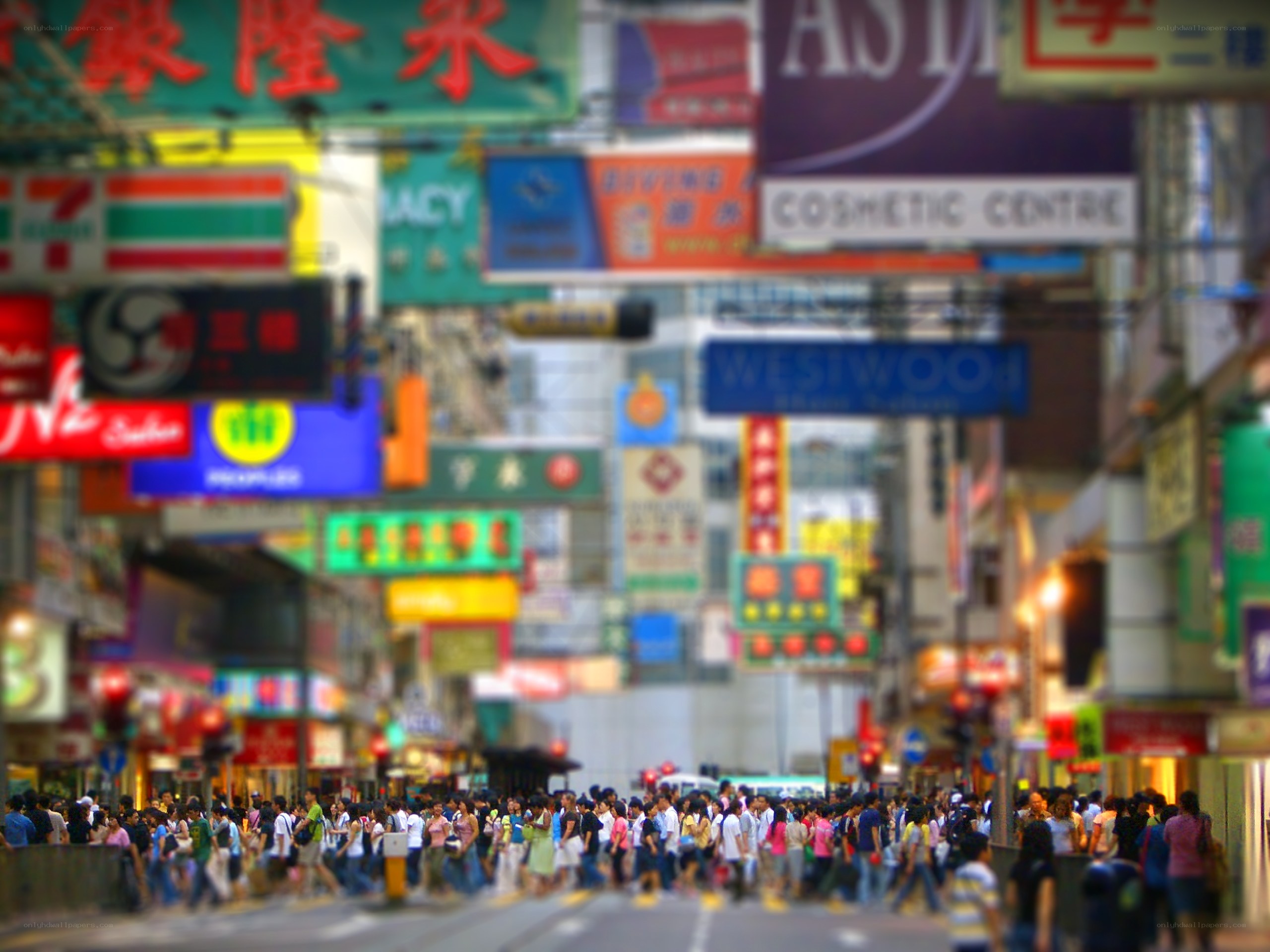 Crowded street with signs