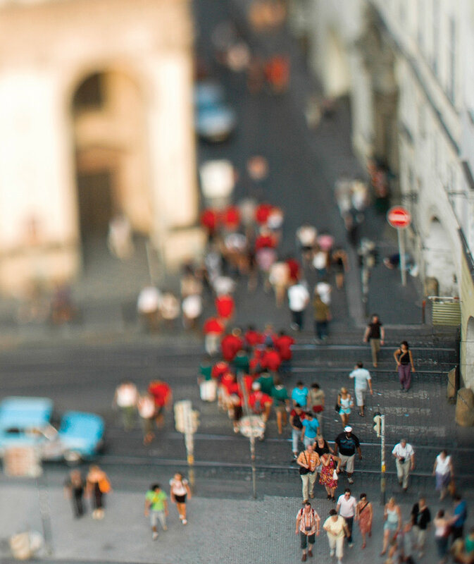 crowded street with tilt-shift effect