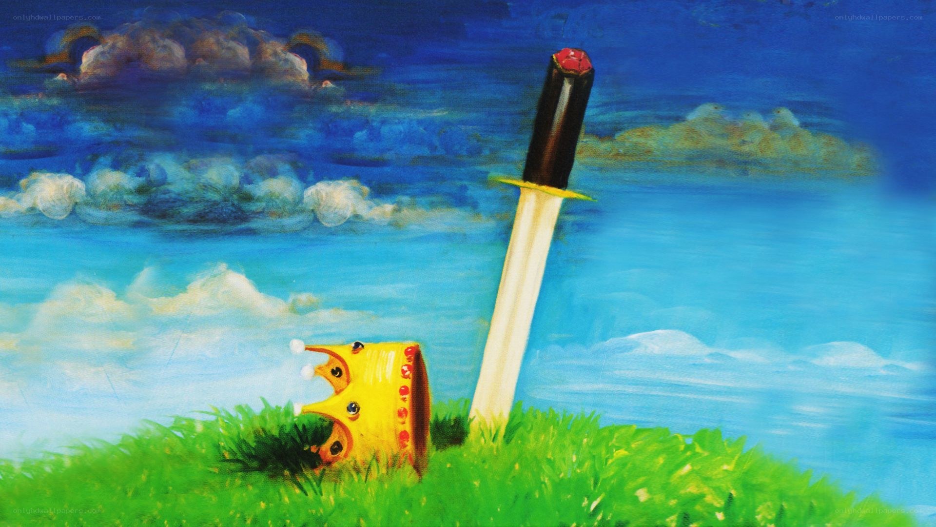 Crown and sword in grass