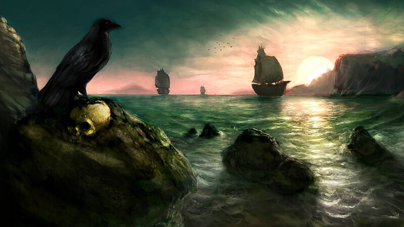 Crows and ships at sunset