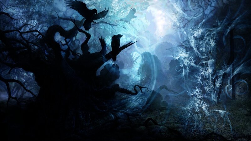 Crows in a Dark Forest — Blue, Night