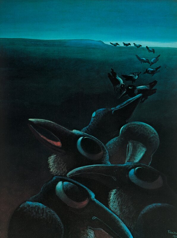 Crows in a dark landscape