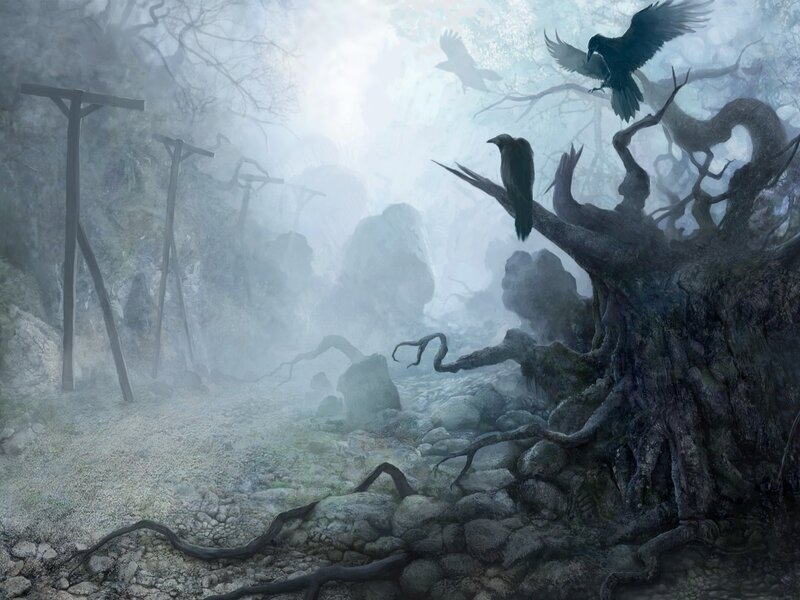 Crows in a Foggy Forest — Gray