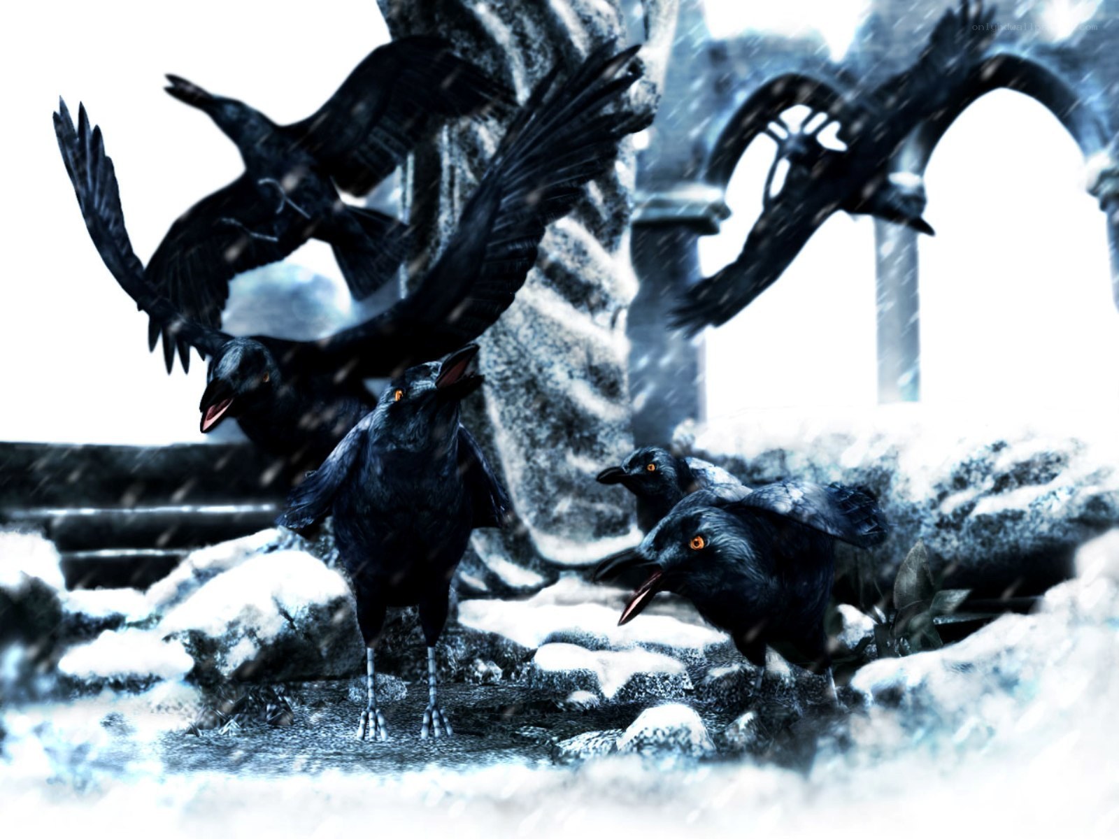 crows in a snowy ruin