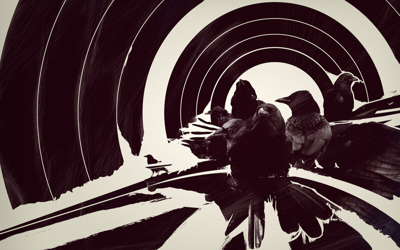 crows in a tunnel of light