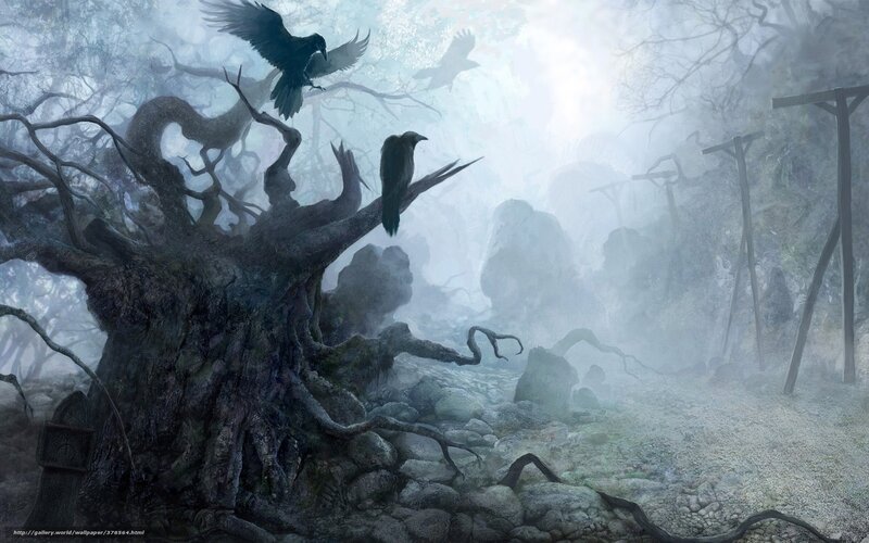 Crows on Dead Tree — Gray, Eerie, Digital Art