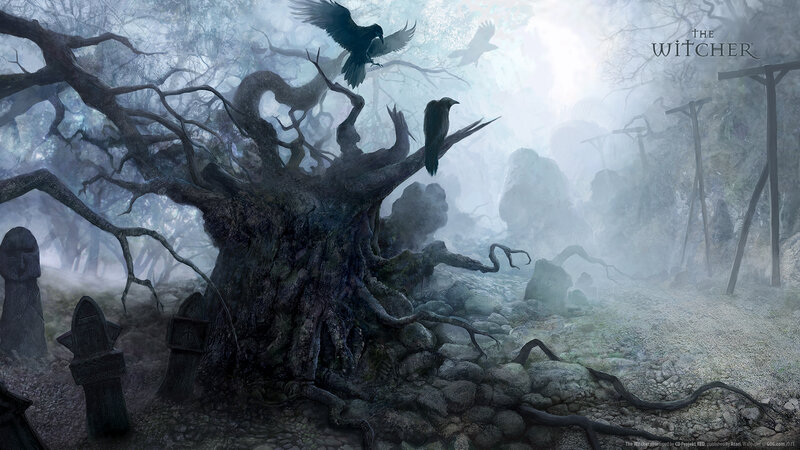 Crows on Dead Tree — Gray, Eerie, Misty
