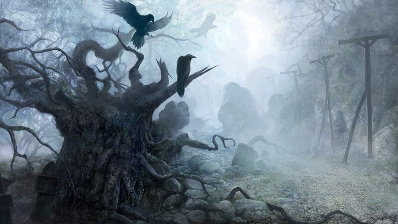 Crows on Dead Tree — Gray, Eerie, Night, Digital Art
